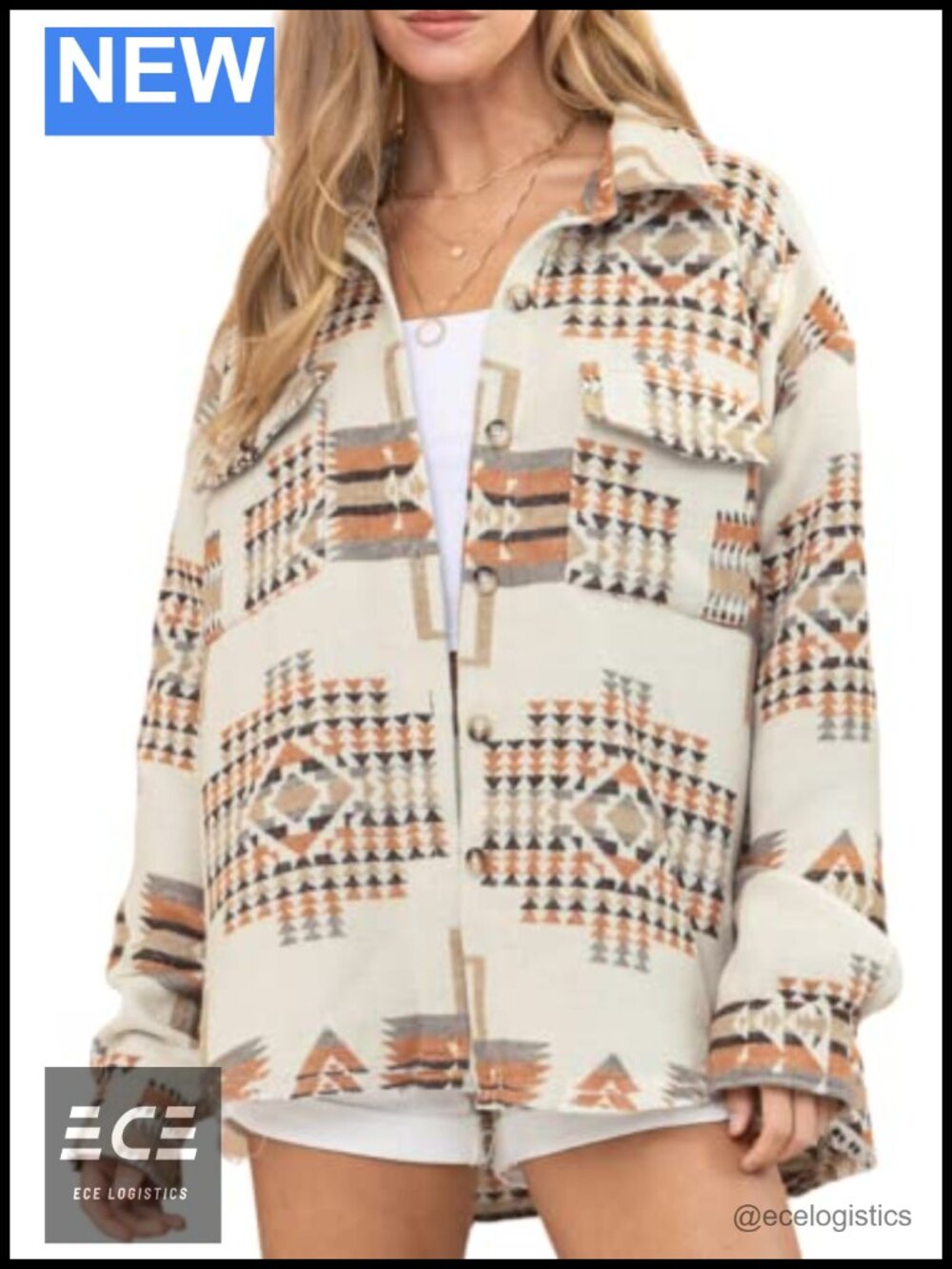 Wool Blend Aztec Print Shacket Long Sleeve Button Down Shirt Jacket